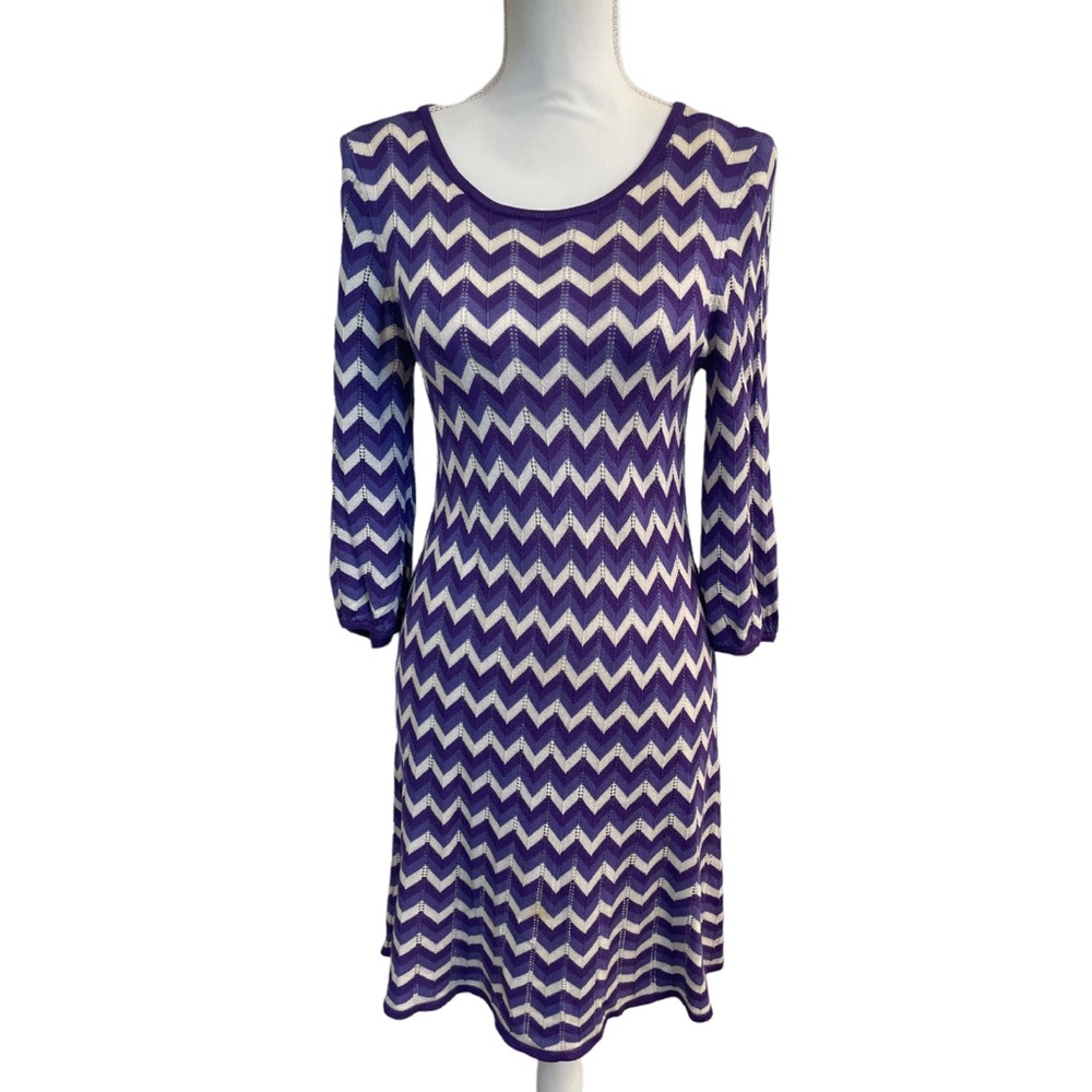Alice+Olivia Purple Chevron Wool Blend Sweater Knit Dress Scoop Neck 70’s Retro